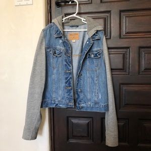 denim jacket with fabric sleeves